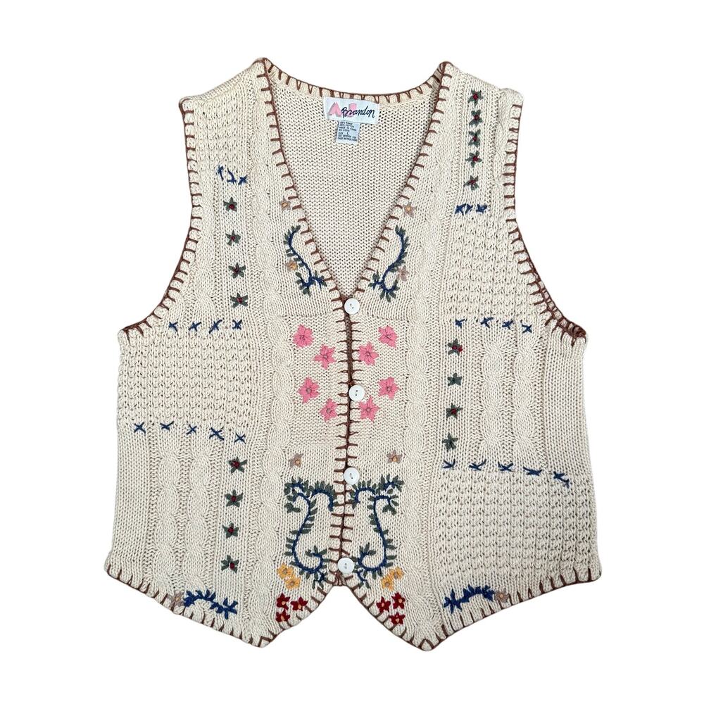 Vintage Knit Floral Embroidered Sweater Vest Large Ramie Cotton Button Front